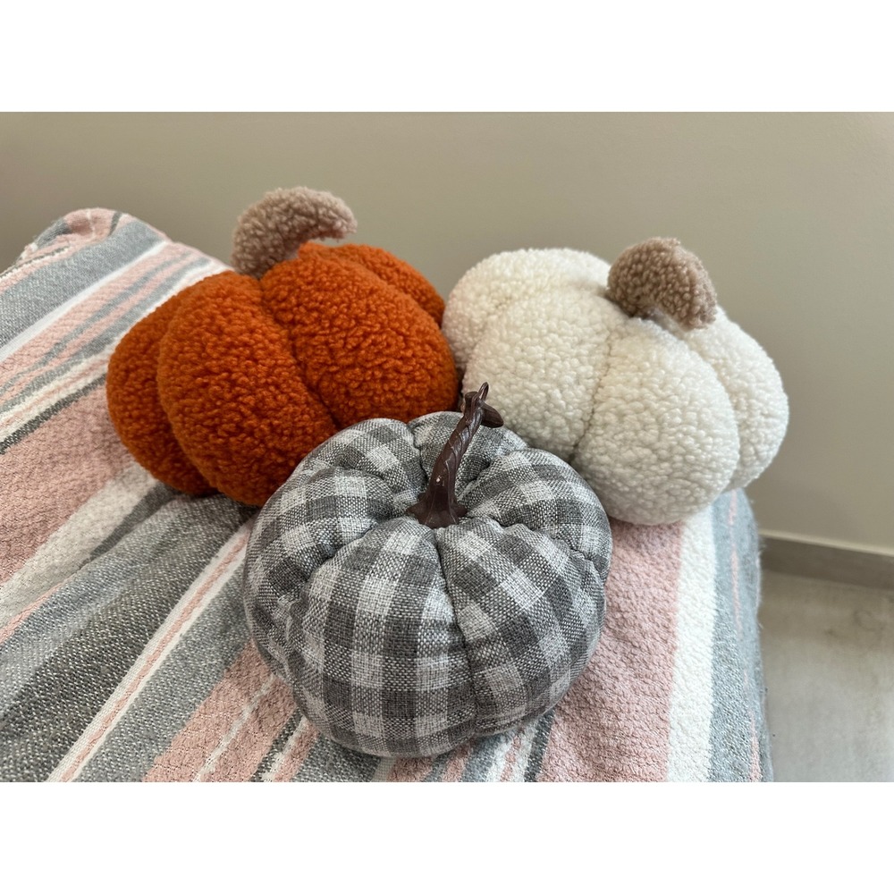 Set of 3 Decorative Pumpkins Sherpa and Plaid Fall Autumn Decor Orange Gray